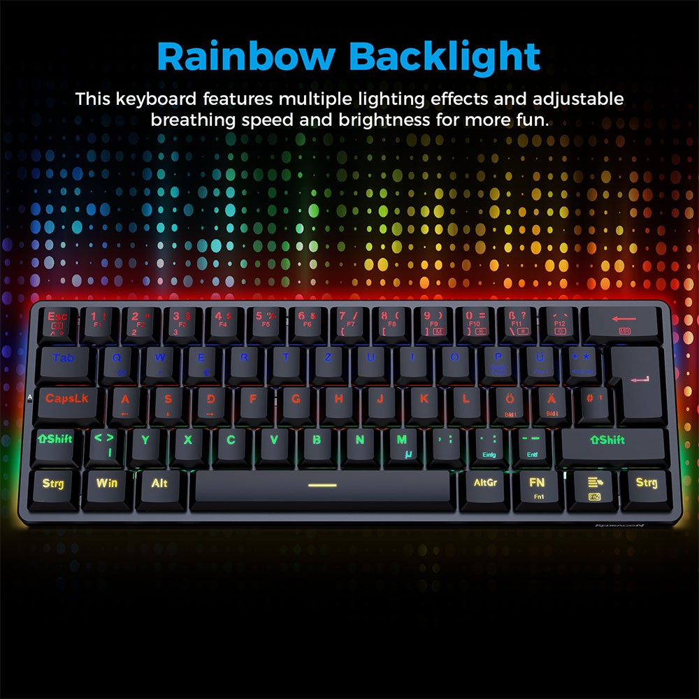 Refurbished Redragon K615-R Elise Wired Rainbow Backlight Mechanical Keyboard Ultra-Thin 61 Keys Blue Switch German Layout - Black