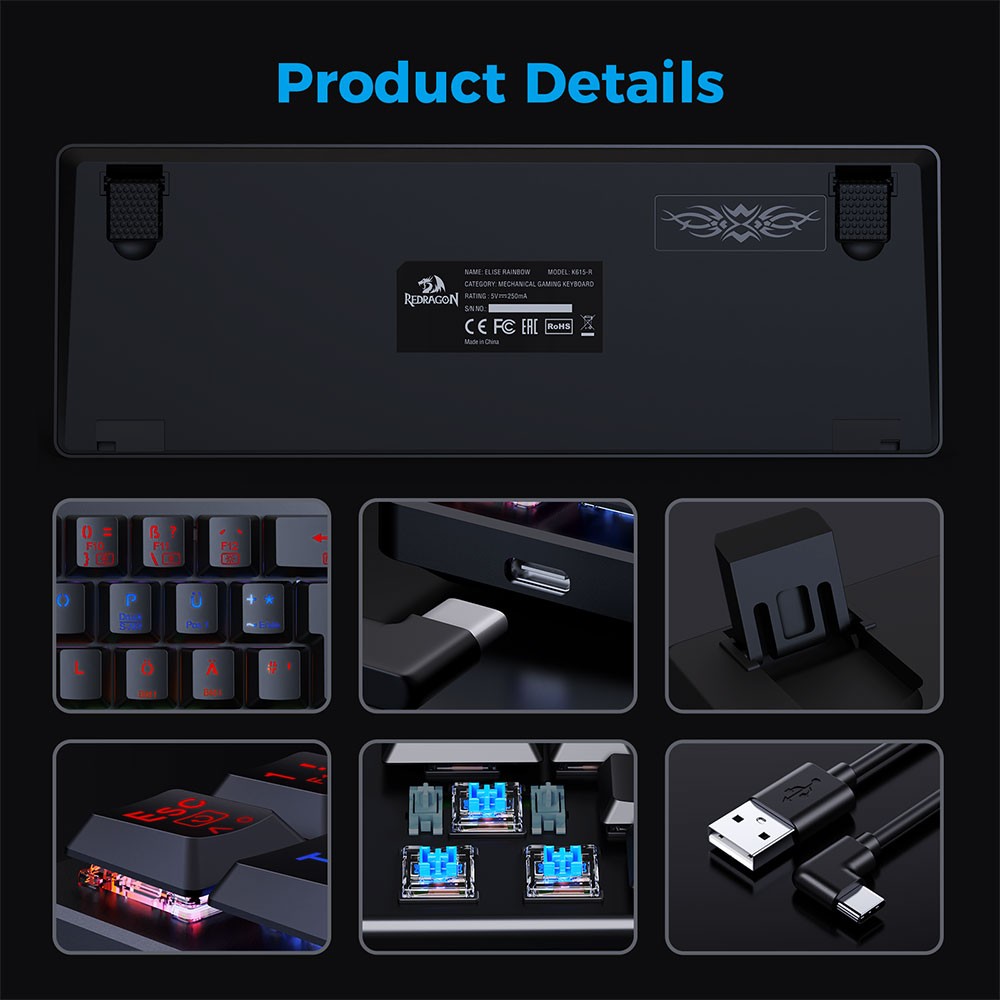 Refurbished Redragon K615-R Elise Wired Rainbow Backlight Mechanical Keyboard Ultra-Thin 61 Keys Blue Switch German Layout - Black