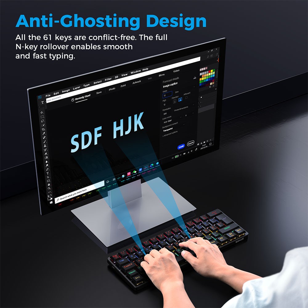 Refurbished Redragon K615-R Elise Wired Rainbow Backlight Mechanical Keyboard Ultra-Thin 61 Keys Blue Switch German Layout - Black