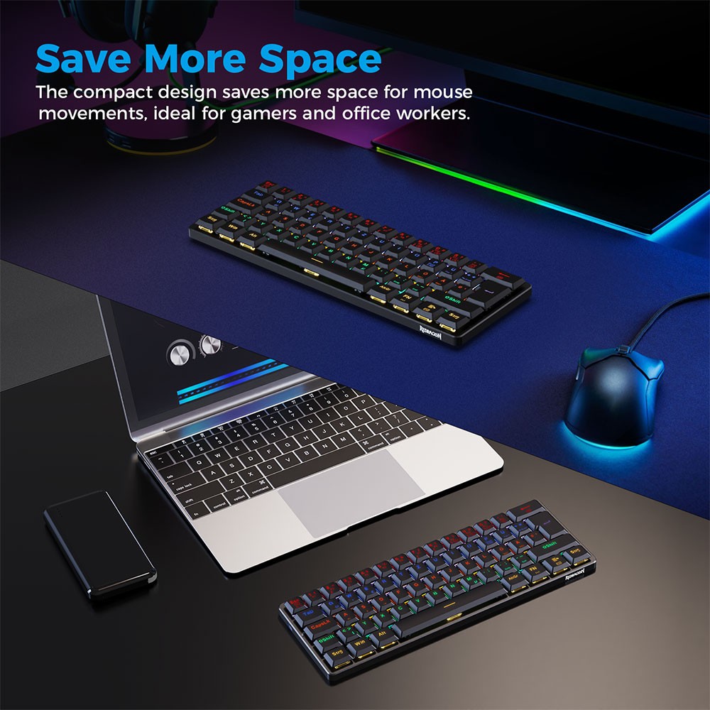 Refurbished Redragon K615-R Elise Wired Rainbow Backlight Mechanical Keyboard Ultra-Thin 61 Keys Blue Switch German Layout - Black