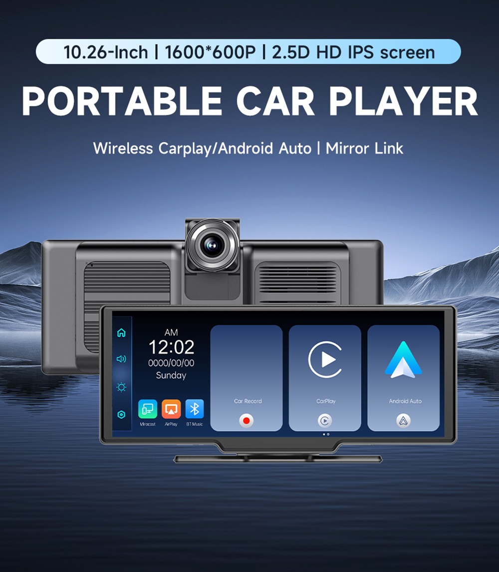 SE102602 10.26inch Portable Wireless Carplay, 1600*600P, 2.5D HD IPS Touchscreen, Android Auto, Mirror Link, GPS Navigation, Bluetooth 5.0, FM Transmitter