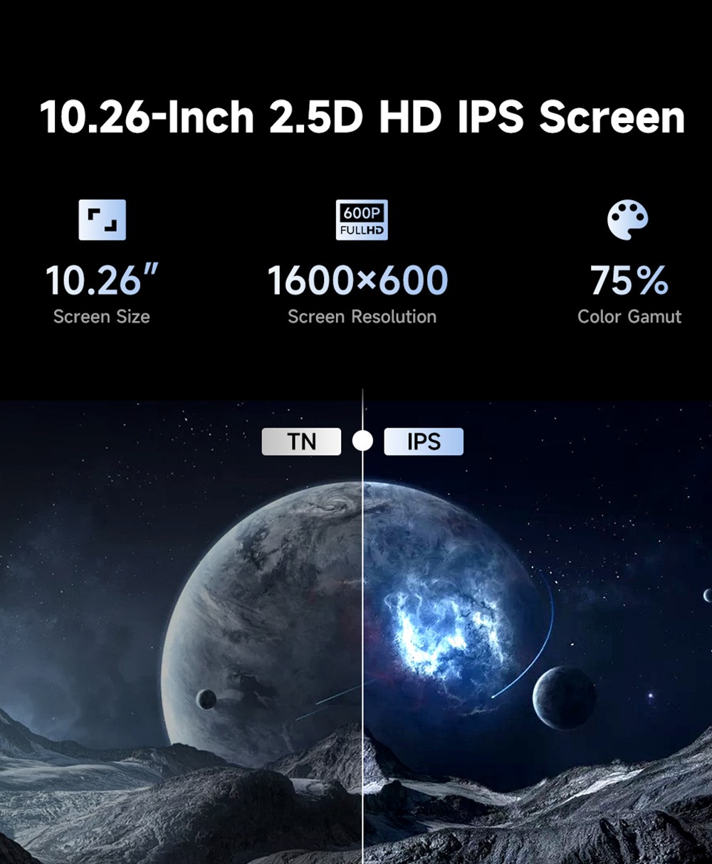 SE102602 10.26inch Portable Wireless Carplay, 1600*600P, 2.5D HD IPS Touchscreen, Android Auto, Mirror Link, GPS Navigation, Bluetooth 5.0, FM Transmitter