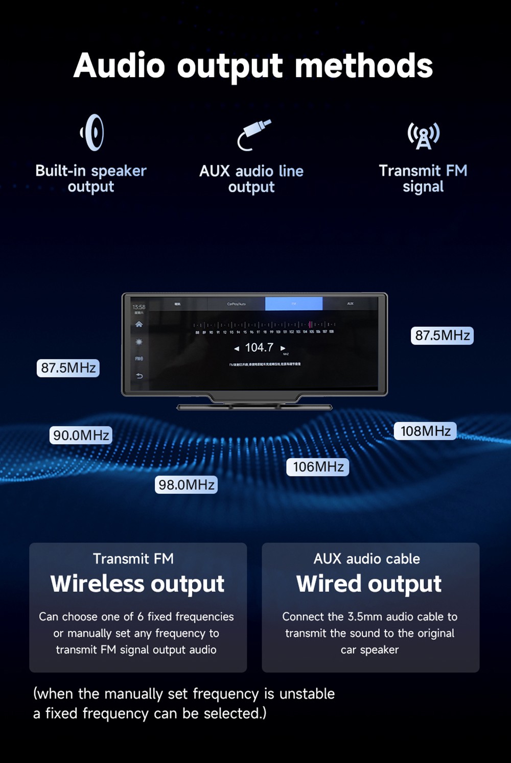 SE102602 10.26inch Portable Wireless Carplay, 1600*600P, 2.5D HD IPS Touchscreen, Android Auto, Mirror Link, GPS Navigation, Bluetooth 5.0, FM Transmitter