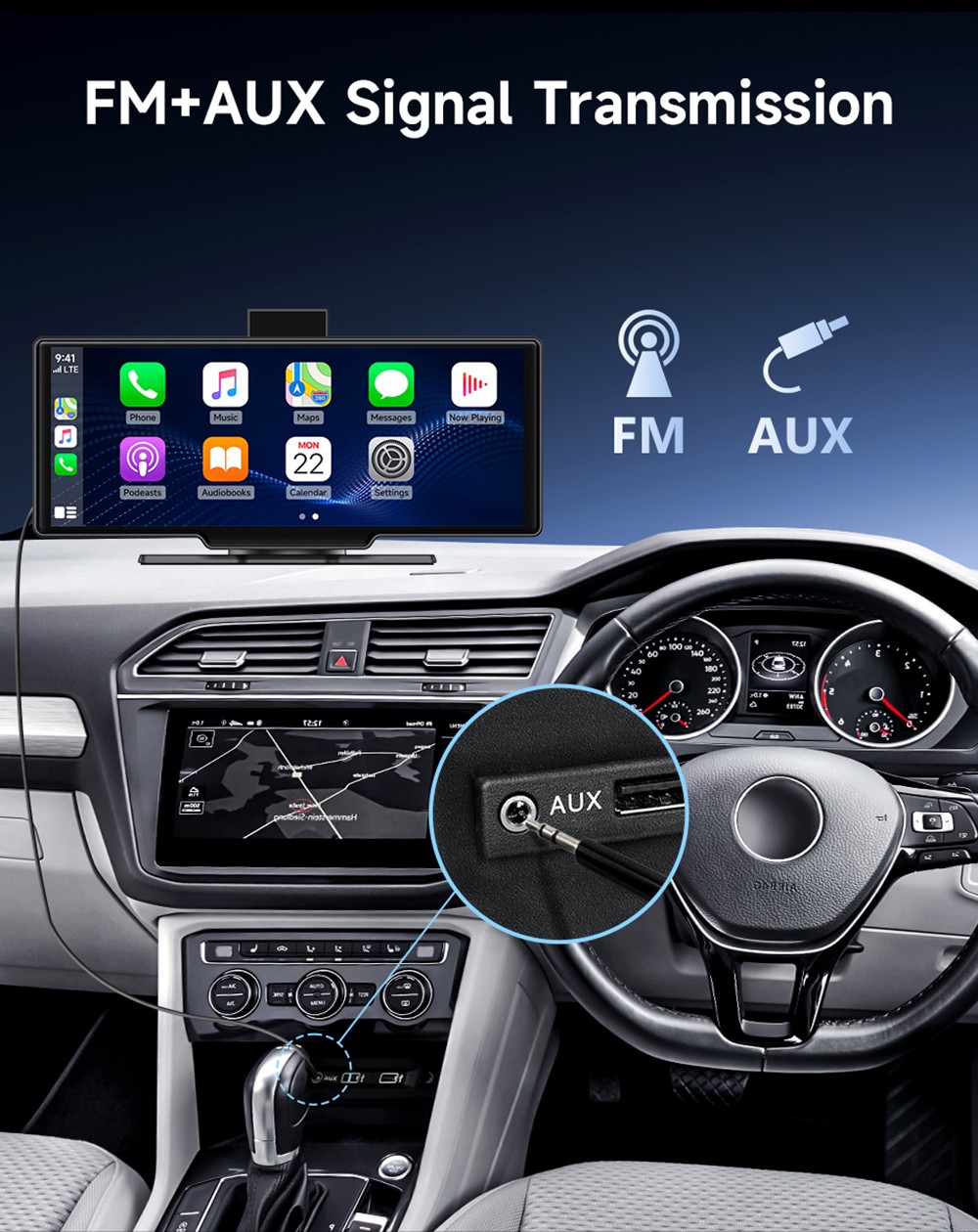SE102602 10.26inch Portable Wireless Carplay, 1600*600P, 2.5D HD IPS Touchscreen, Android Auto, Mirror Link, GPS Navigation, Bluetooth 5.0, FM Transmitter