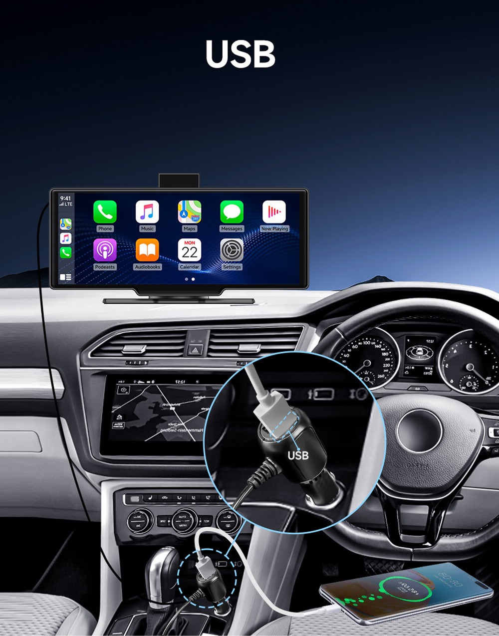SE102602 10.26inch Portable Wireless Carplay, 1600*600P, 2.5D HD IPS Touchscreen, Android Auto, Mirror Link, GPS Navigation, Bluetooth 5.0, FM Transmitter
