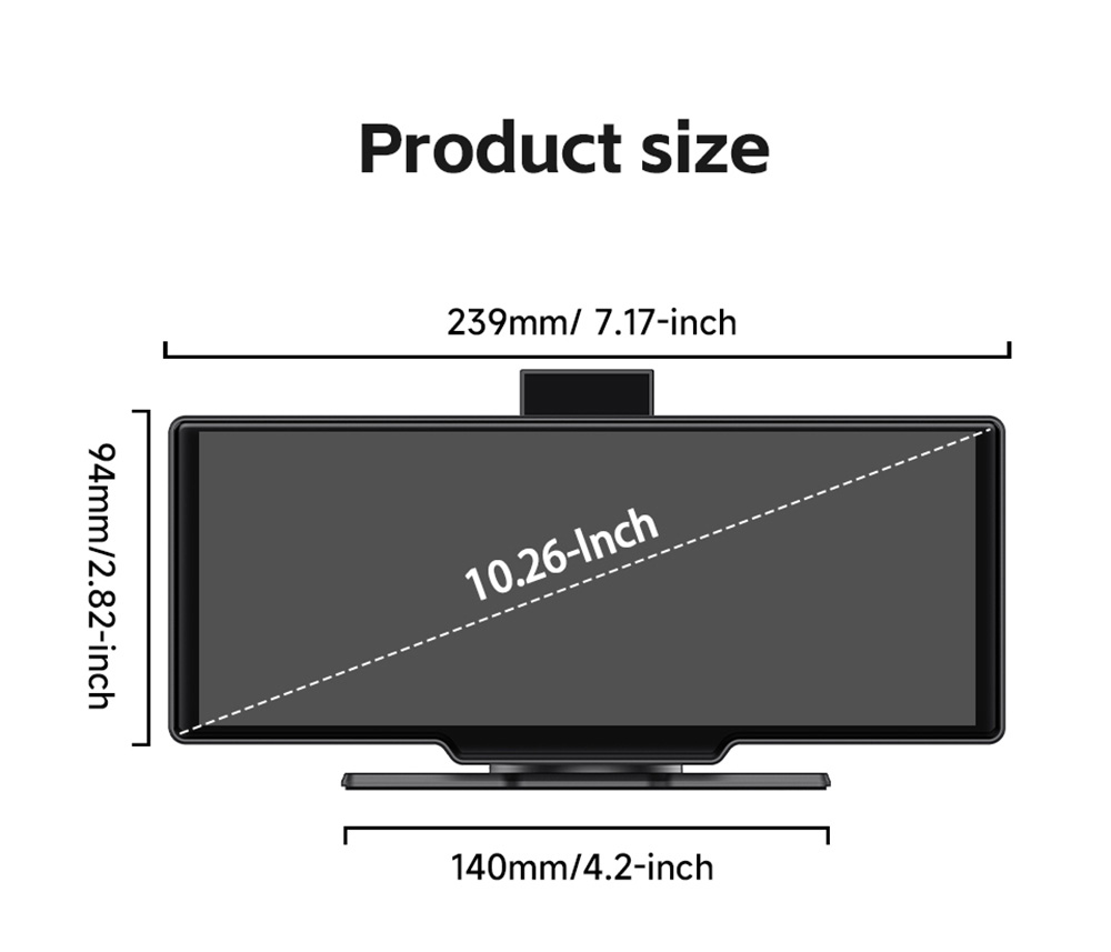 SE102602 10.26inch Portable Wireless Carplay, 1600*600P, 2.5D HD IPS Touchscreen, Android Auto, Mirror Link, GPS Navigation, Bluetooth 5.0, FM Transmitter