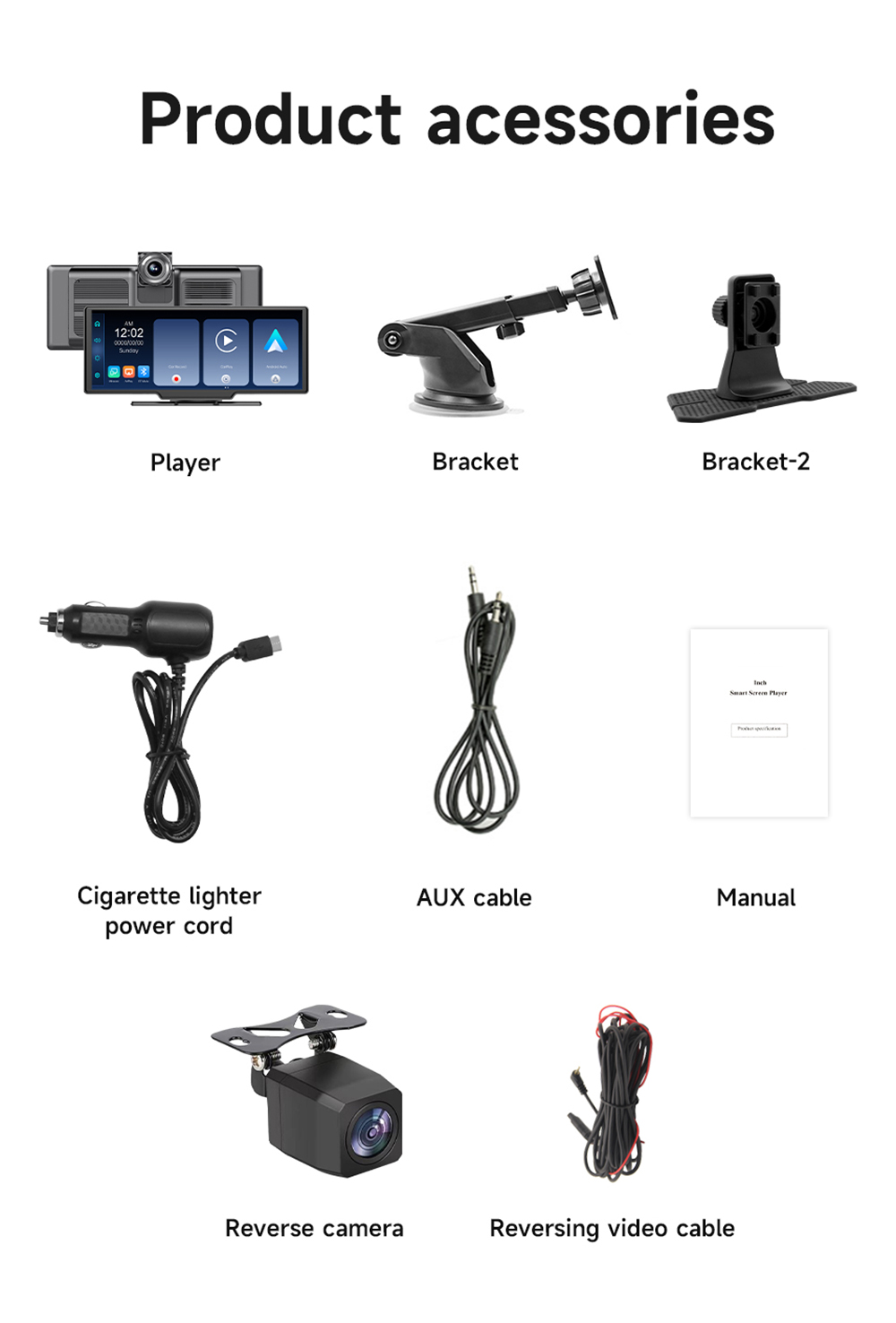 SE102602 10.26inch Portable Wireless Carplay, 1600*600P, 2.5D HD IPS Touchscreen, Android Auto, Mirror Link, GPS Navigation, Bluetooth 5.0, FM Transmitter