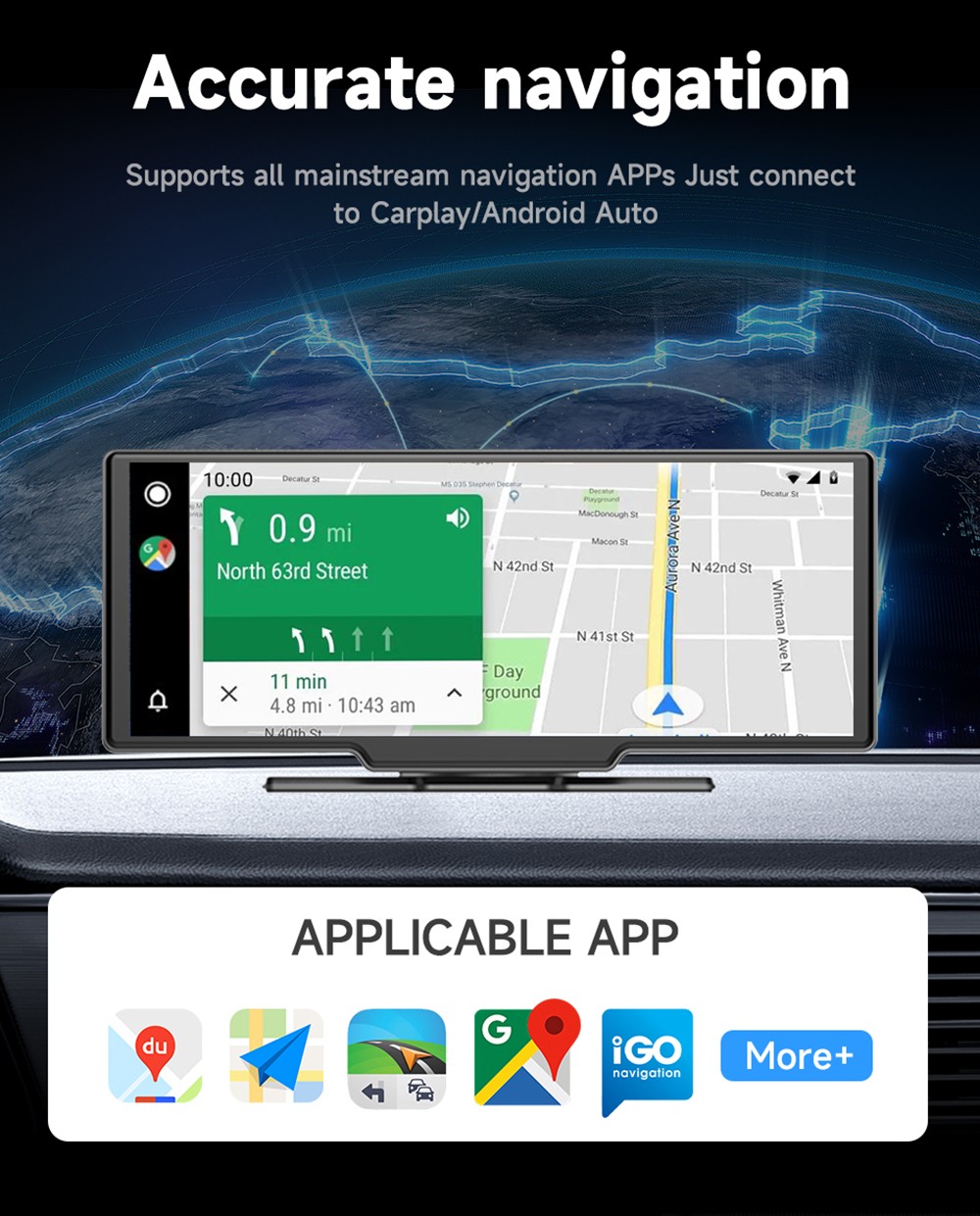 SE102602 10.26inch Portable Wireless Carplay, 1600*600P, 2.5D HD IPS Touchscreen, Android Auto, Mirror Link, GPS Navigation, Bluetooth 5.0, FM Transmitter
