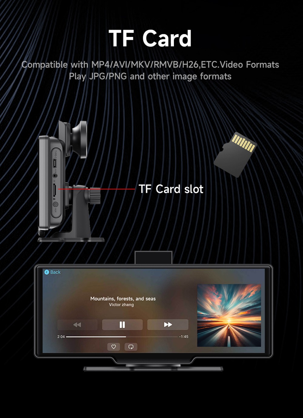 SE102602 10.26inch Portable Wireless Carplay, 1600*600P, 2.5D HD IPS Touchscreen, Android Auto, Mirror Link, GPS Navigation, Bluetooth 5.0, FM Transmitter