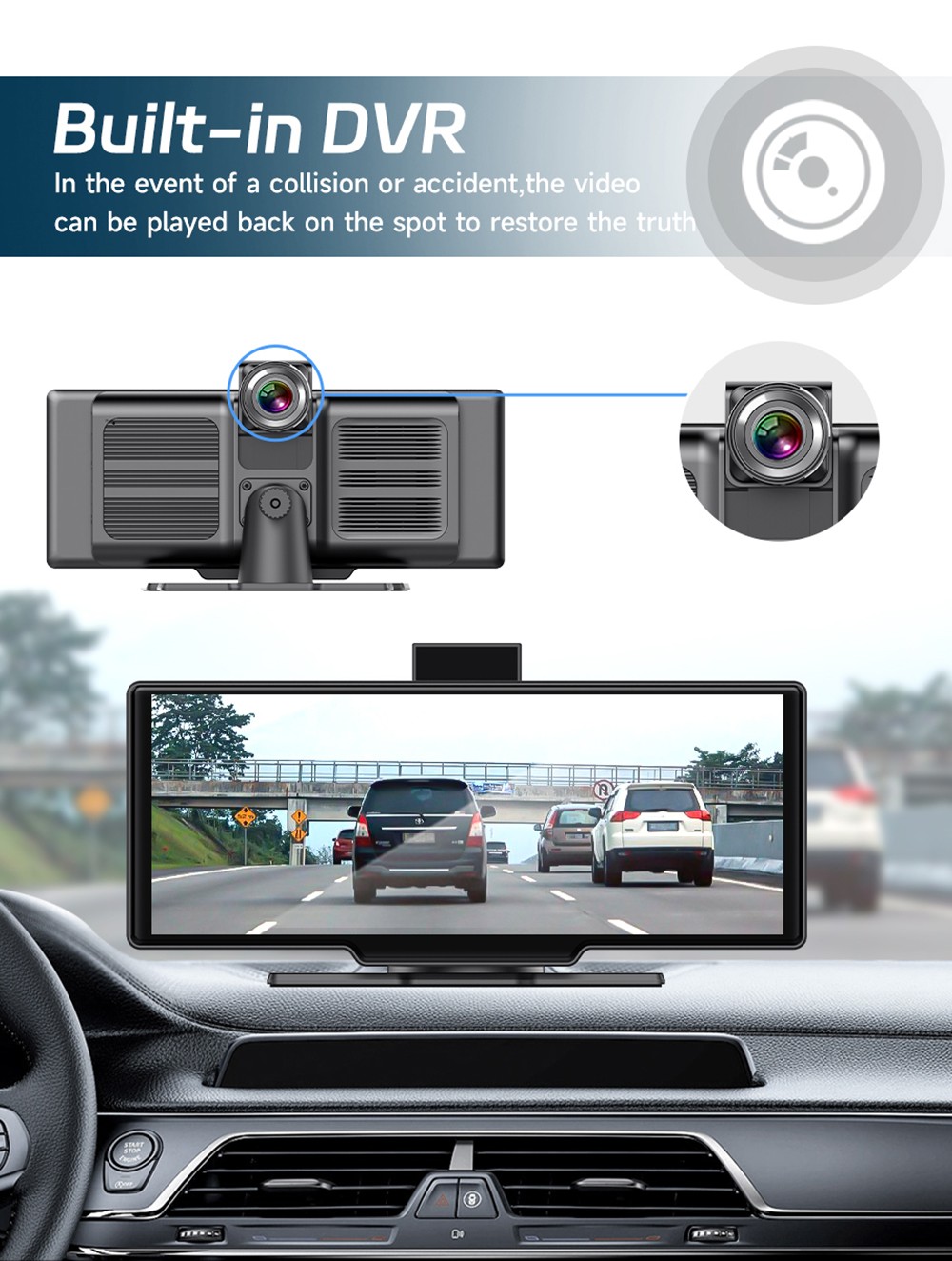 SE102602 10.26inch Portable Wireless Carplay, 1600*600P, 2.5D HD IPS Touchscreen, Android Auto, Mirror Link, GPS Navigation, Bluetooth 5.0, FM Transmitter