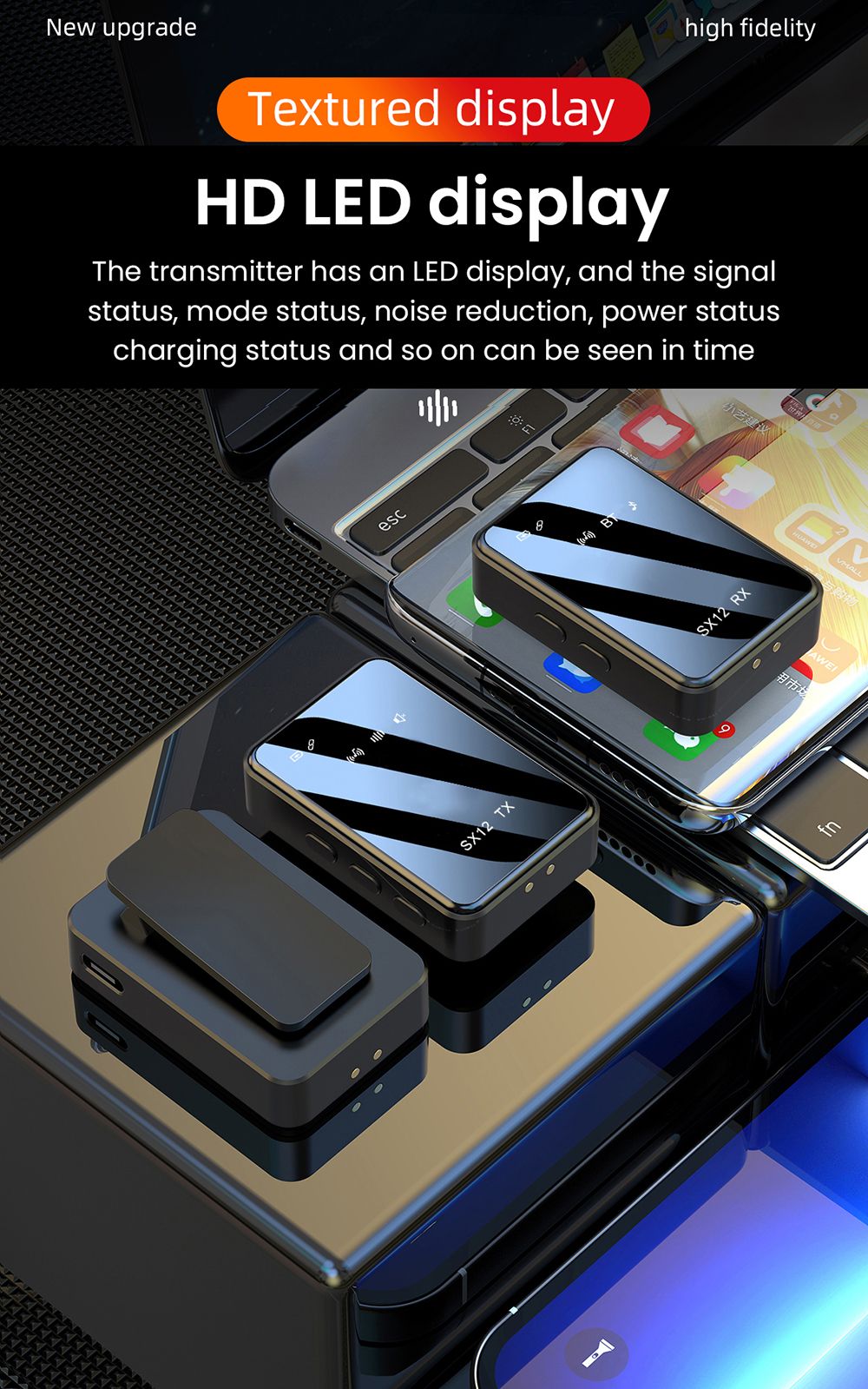 SENXIN SX12 Wireless Lavalier Microphone with Charging Case, Intelligent Noise Reduction, Reverb Effect, Real-time Monitoring, LED Display, 50m Transmission