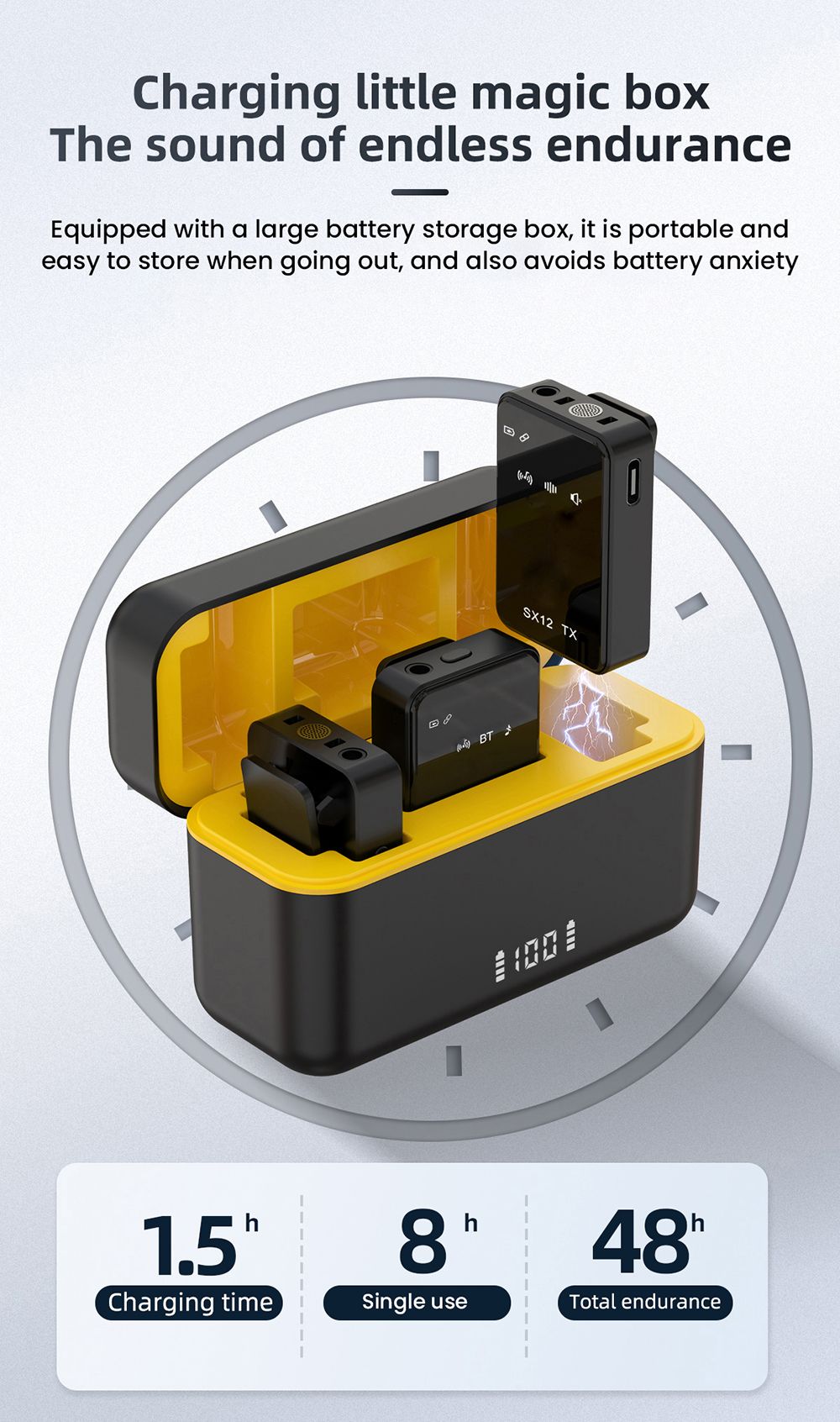 SENXIN SX12 Wireless Lavalier Microphone with Charging Case, Intelligent Noise Reduction, Reverb Effect, Real-time Monitoring, LED Display, 50m Transmission