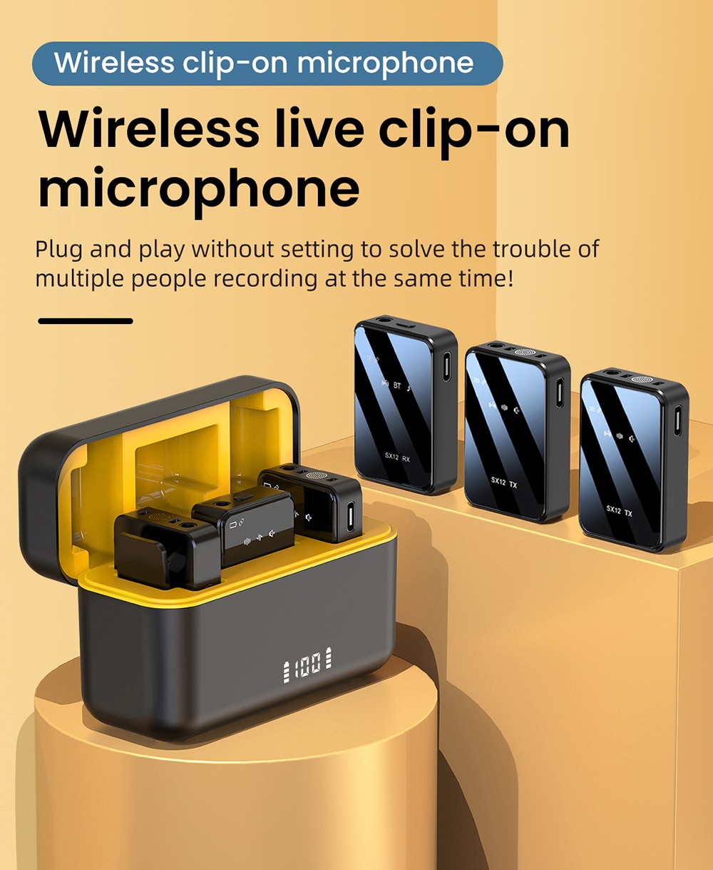 SENXIN SX12 Wireless Lavalier Microphone with Charging Case, Intelligent Noise Reduction, Reverb Effect, Real-time Monitoring, LED Display, 50m Transmission