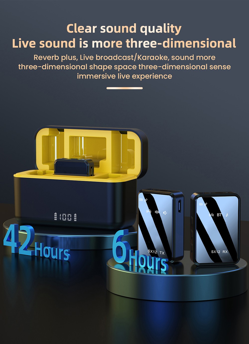 SENXIN SX12 Wireless Lavalier Microphone with Charging Case, Intelligent Noise Reduction, Reverb Effect, Real-time Monitoring, LED Display, 50m Transmission