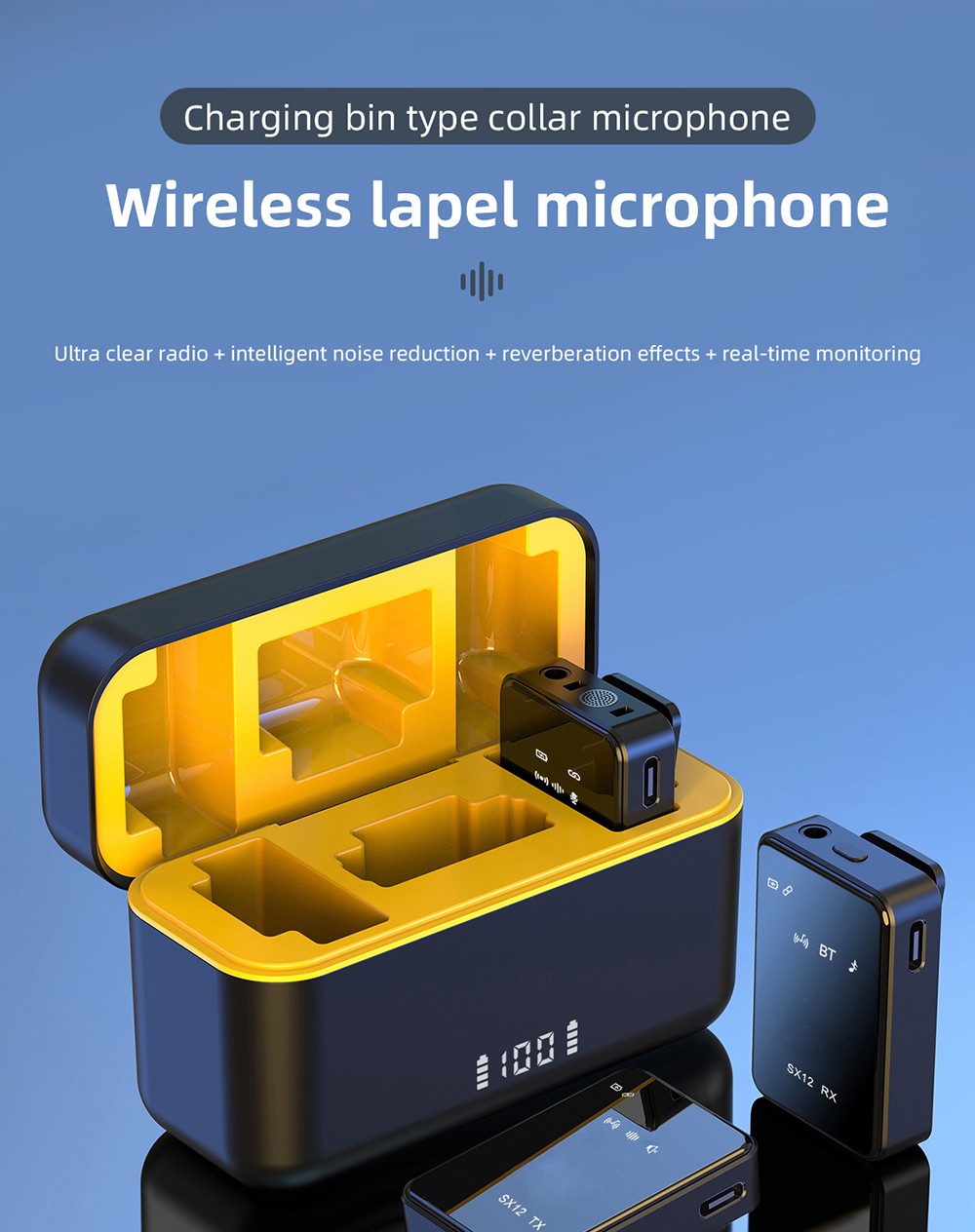 SENXIN SX12 Wireless Lavalier Microphone with Charging Case, Intelligent Noise Reduction, Reverb Effect, Real-time Monitoring, LED Display, 50m Transmission