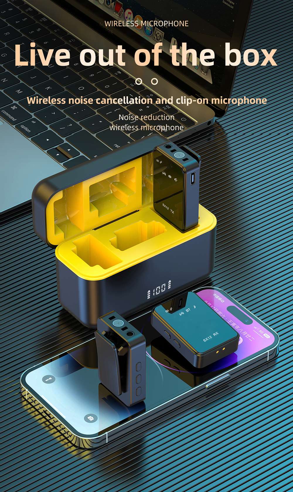 SENXIN SX12 Wireless Lavalier Microphone with Charging Case, Intelligent Noise Reduction, Reverb Effect, Real-time Monitoring, LED Display, 50m Transmission