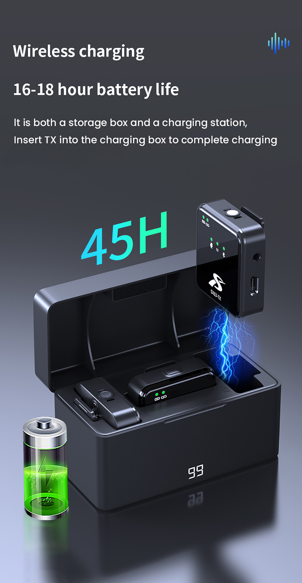 SENXIN SX63 Wireless Lavalier Microphone with Charging Case, 2.4GHz 50m Transmission, Bluetooth 5.0, Intelligent Noise Reduction, Reverb Effect, Up to 18 Hours Battery Life