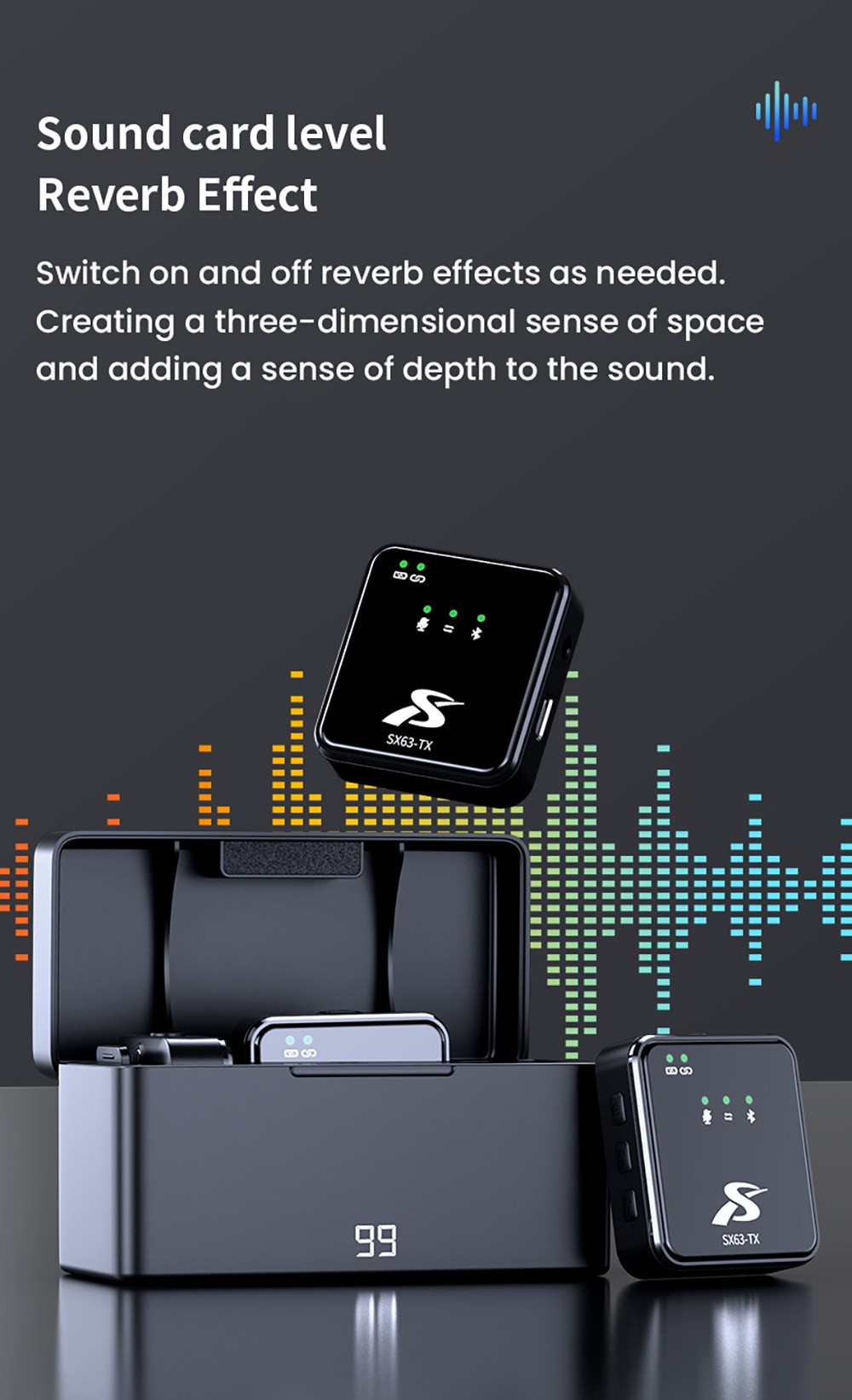 SENXIN SX63 Wireless Lavalier Microphone with Charging Case, 2.4GHz 50m Transmission, Bluetooth 5.0, Intelligent Noise Reduction, Reverb Effect, Up to 18 Hours Battery Life