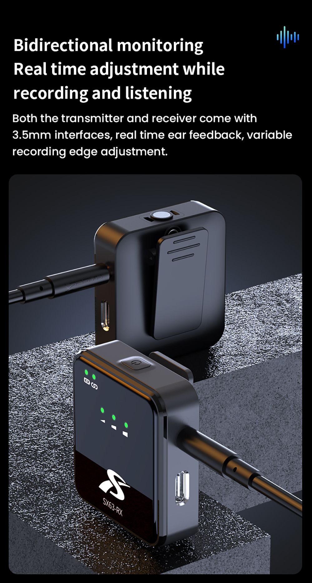 SENXIN SX63 Wireless Lavalier Microphone with Charging Case, 2.4GHz 50m Transmission, Bluetooth 5.0, Intelligent Noise Reduction, Reverb Effect, Up to 18 Hours Battery Life