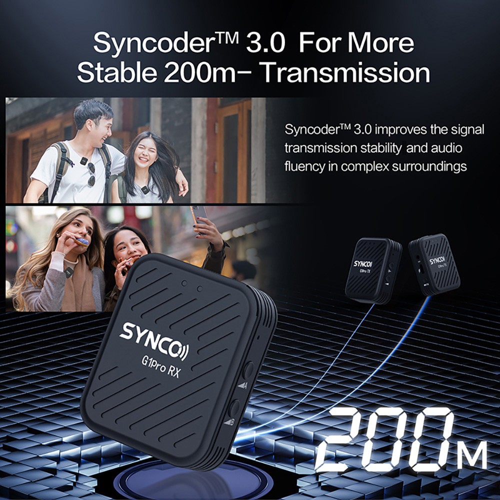 SYNCO G1 Pro Wireless Lavalier Microphone, Intelligent Noise Reduction, 200m Transmission - A2 Version (2 x Transmitter + 1 x Receiver)
