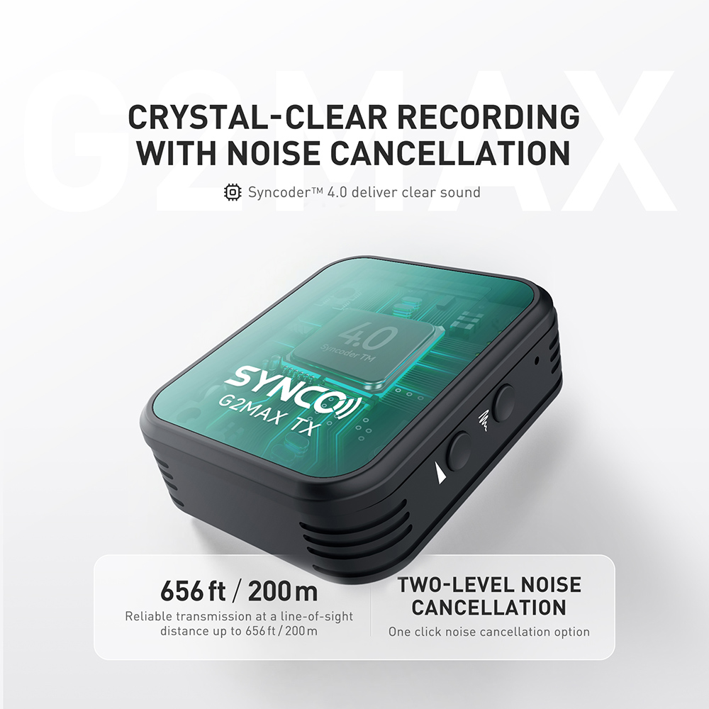 SYNCO G2 Max Wireless Microphone, Built-in 8GB Memory, 200m Transmission, 3 Recording Modes - A1 Version (1 x Transmitter + 1 x Receiver)