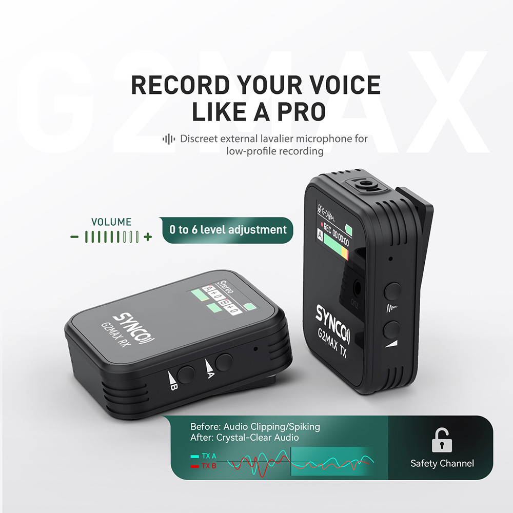 SYNCO G2 Max Wireless Microphone, Built-in 8GB Memory, 200m Transmission, 3 Recording Modes - A1 Version (1 x Transmitter + 1 x Receiver)