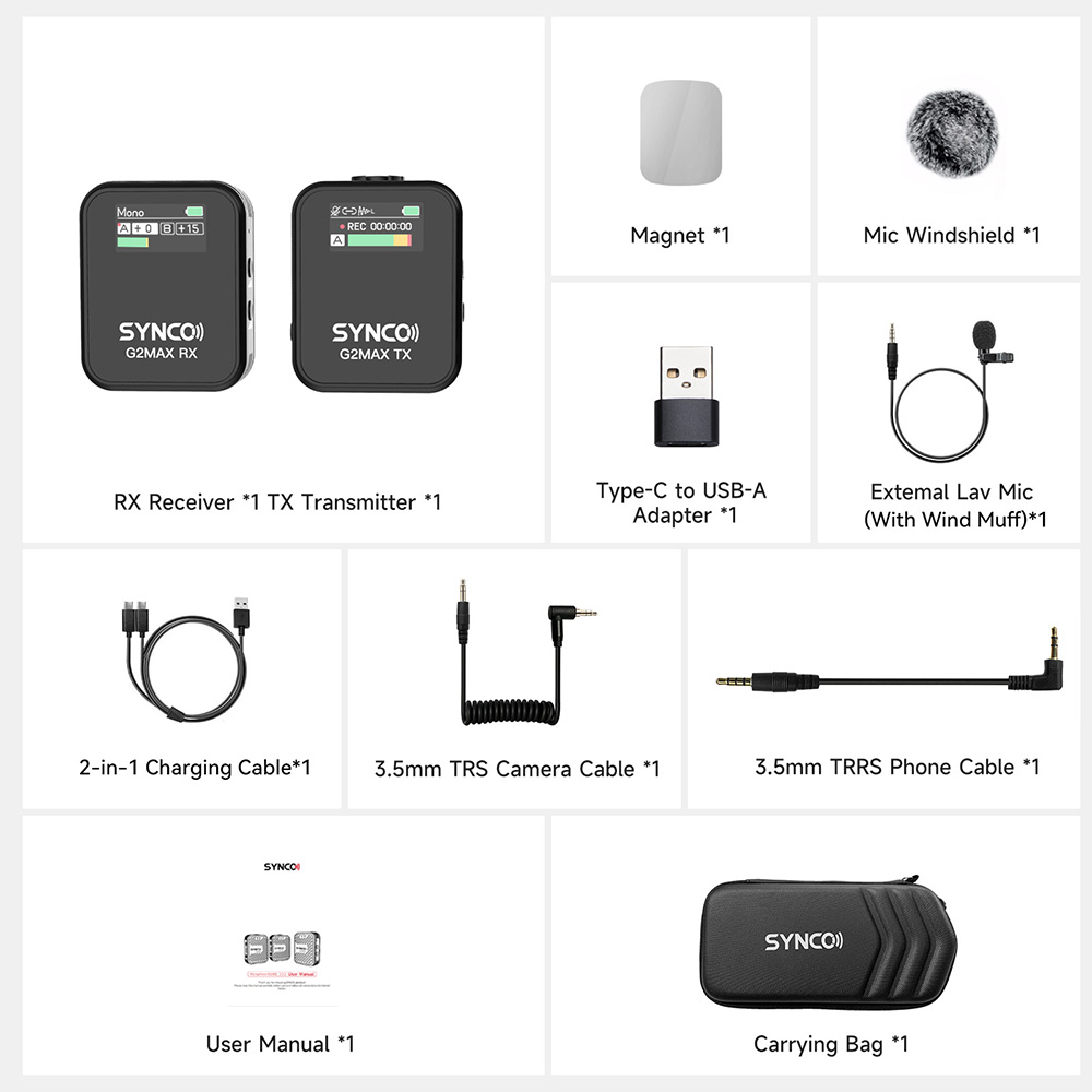 SYNCO G2 Max Wireless Microphone, Built-in 8GB Memory, 200m Transmission, 3 Recording Modes - A1 Version (1 x Transmitter + 1 x Receiver)