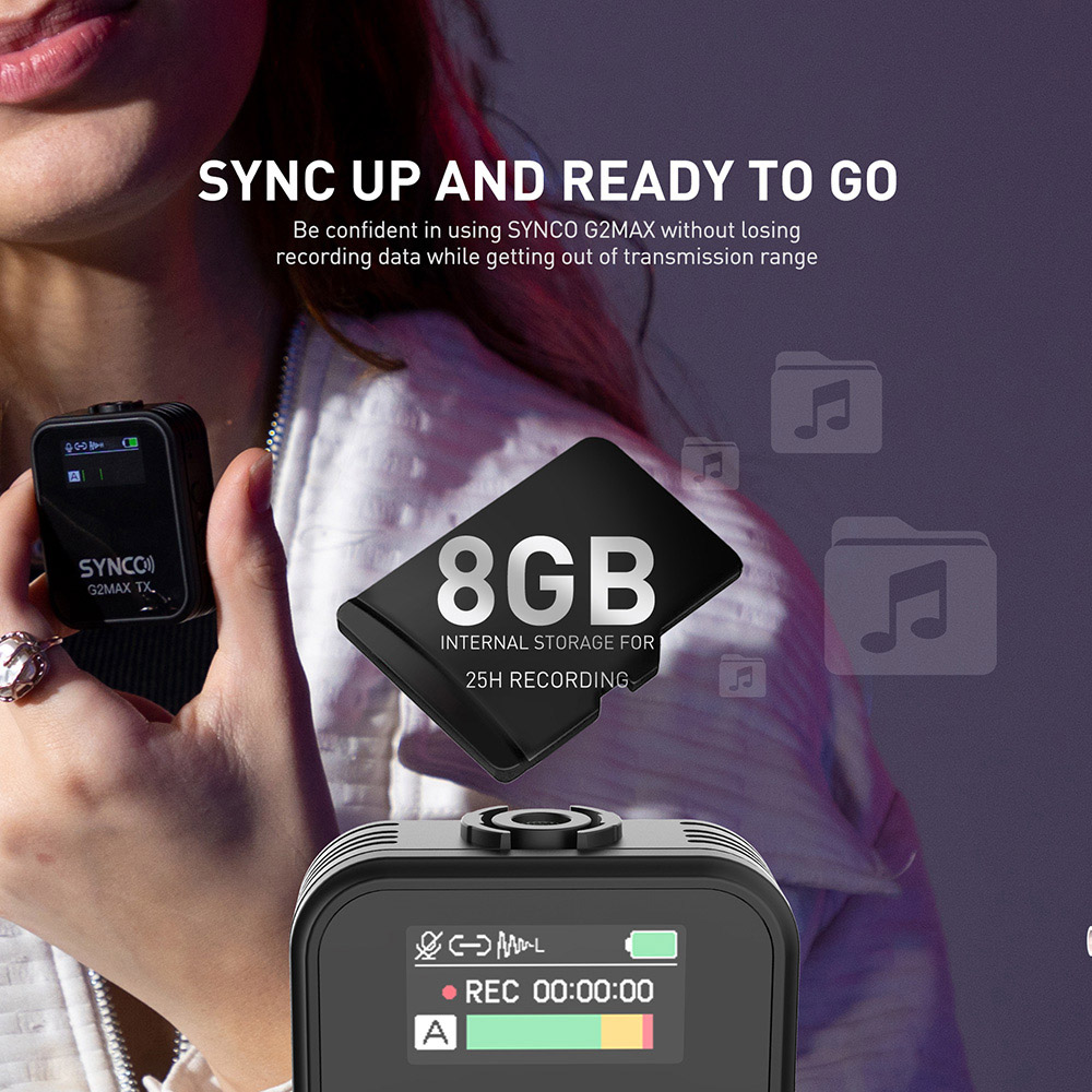 SYNCO G2 Max Wireless Microphone, Built-in 8GB Memory, 200m Transmission, 3 Recording Modes - A2 Version (2 x Transmitter + 1 x Receiver)