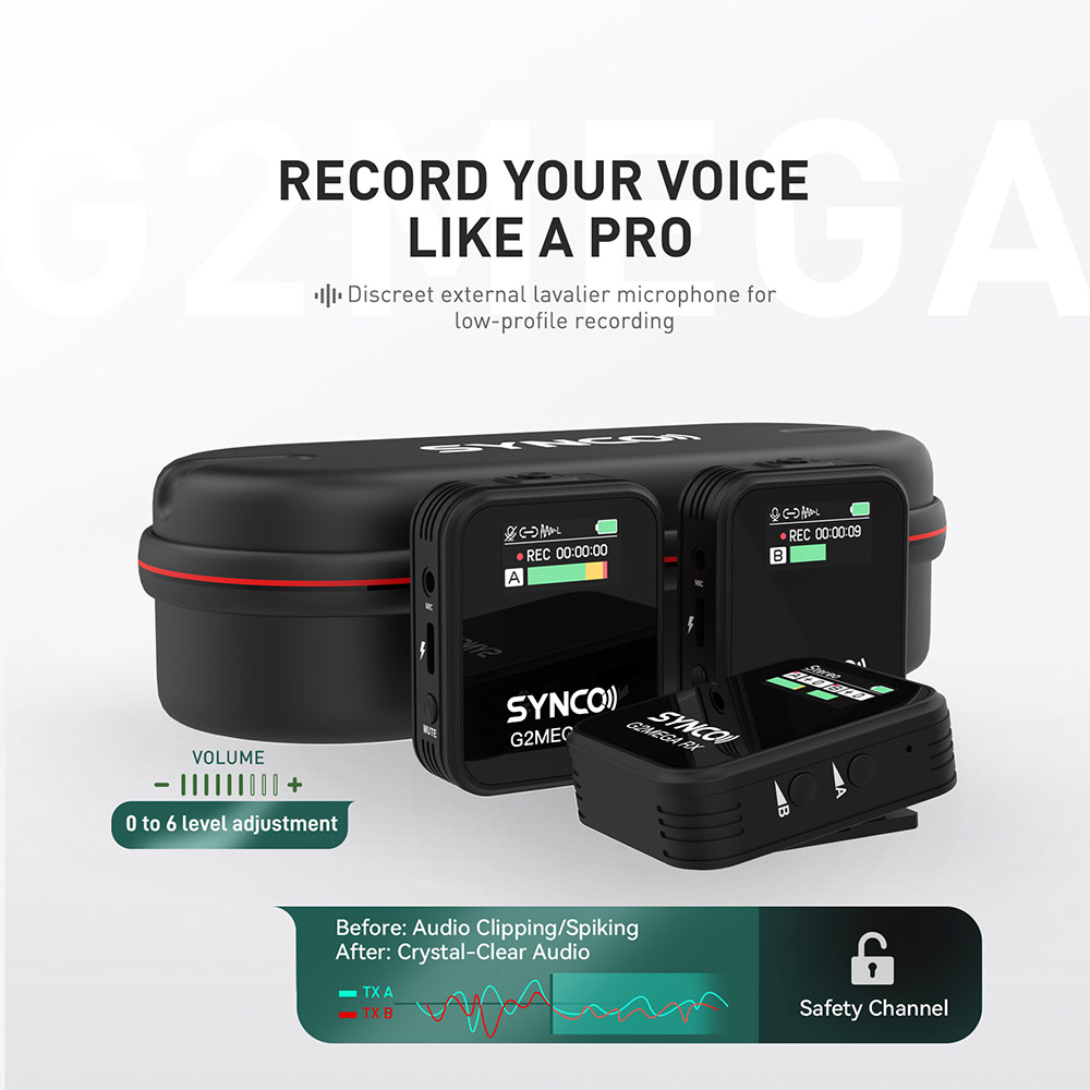 SYNCO G2 Mega Wireless Microphone for Filming, 200m Transmission, Built-in 8GB Memory, TFT Display Screen, Up to 24 Hours Recording Time - A1 Version (1 x Transmitter + 1 x Receiver)