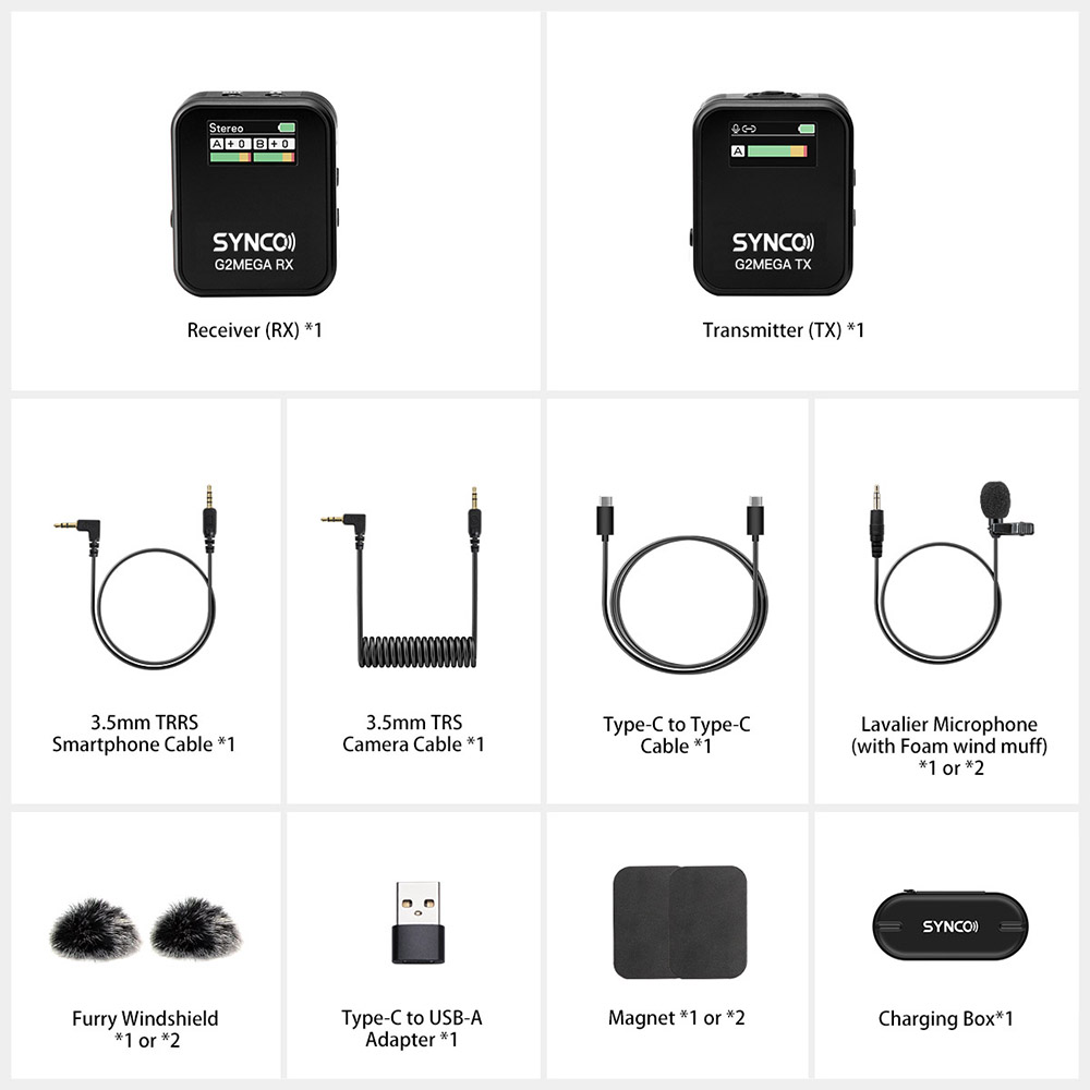 SYNCO G2 Mega Wireless Microphone for Filming, 200m Transmission, Built-in 8GB Memory, TFT Display Screen, Up to 24 Hours Recording Time - A1 Version (1 x Transmitter + 1 x Receiver)