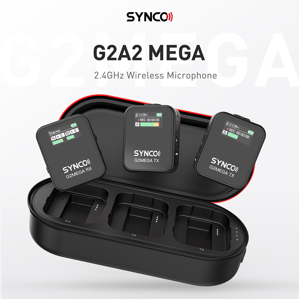 SYNCO G2 Mega Wireless Microphone for Filming, 200m Transmission, Built-in 8GB Memory, TFT Display Screen, Up to 24 Hours Recording Time - A2 Version (2 x Transmitter + 1 x Receiver)