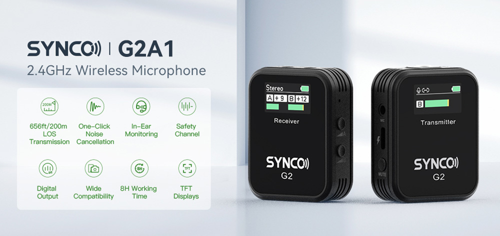 SYNCO G2 Wireless Lavalier Microphone, 2.4GHz 200m Transmission, TFT Display Screen - A1 Version (1 x Transmitter + 1 x Receiver)