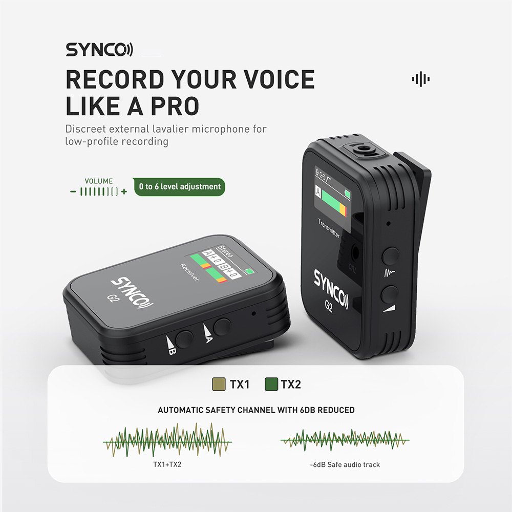 SYNCO G2 Wireless Lavalier Microphone, 2.4GHz 200m Transmission, TFT Display Screen - A1 Version (1 x Transmitter + 1 x Receiver)