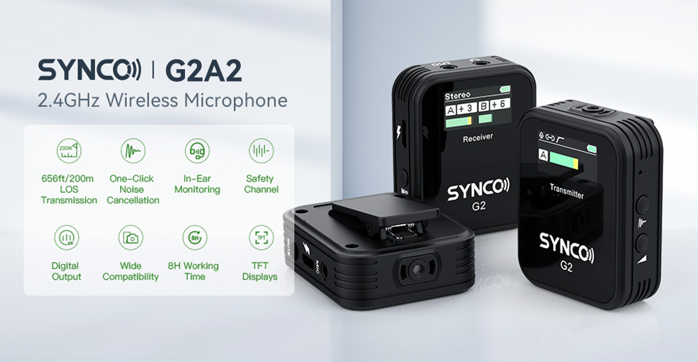 SYNCO G2 Wireless Lavalier Microphone, 2.4GHz 200m Transmission, TFT Display Screen - A2 Version (2 x Transmitter + 1 x Receiver)
