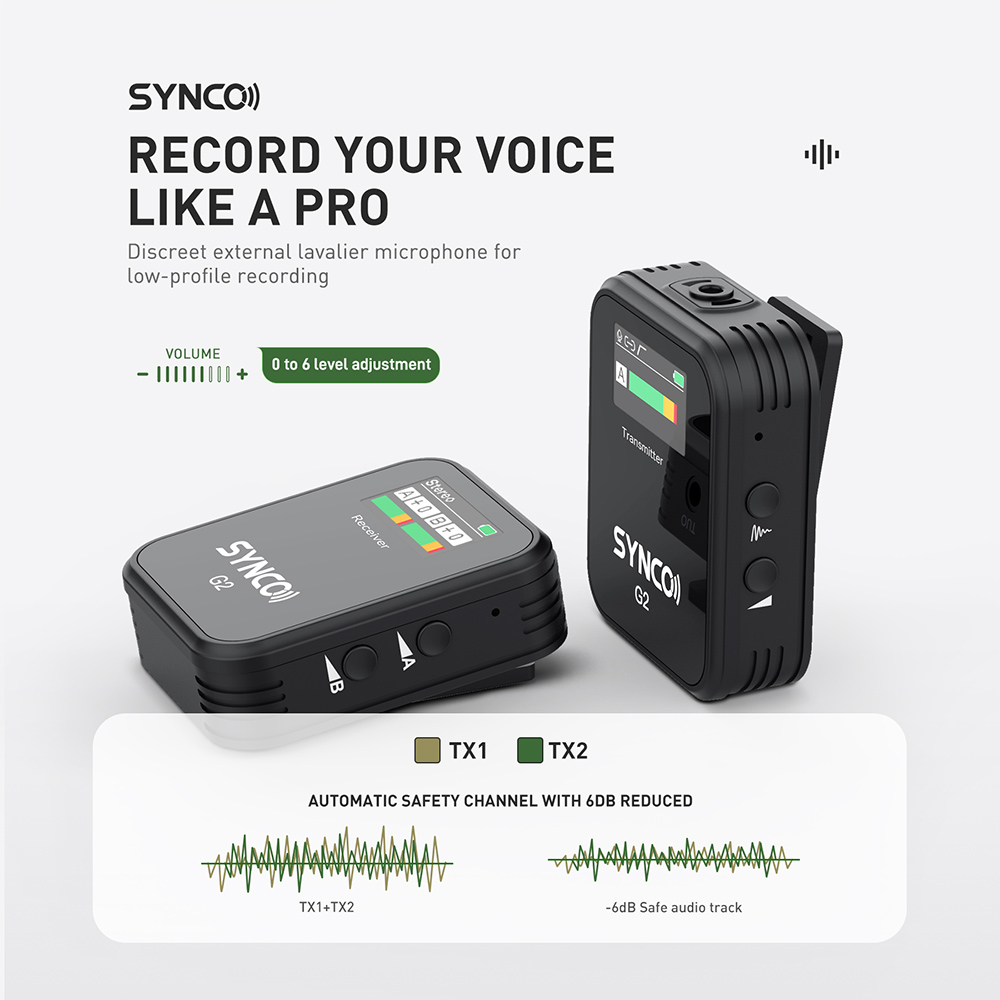 SYNCO G2 Wireless Lavalier Microphone, 2.4GHz 200m Transmission, TFT Display Screen - A2 Version (2 x Transmitter + 1 x Receiver)