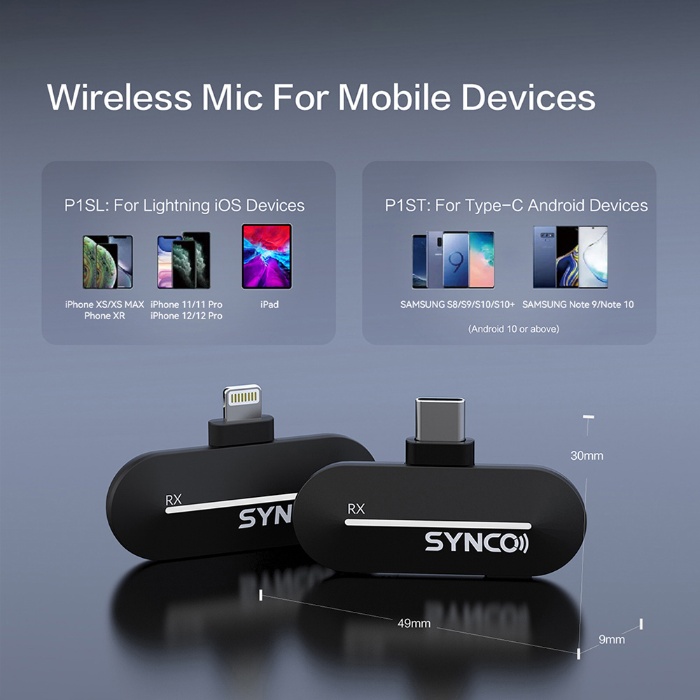 SYNCO P1S Wireless Condenser Microphone for Lightning iOS Devices, Auto Contact Pairing, 150m Transmission - Lightning Receiver