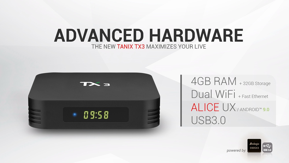 TANIX TX3 ALICE UX 4 GB/32 GB Amlogic S905x3 8K Video Decodieren Android 9.0 TV Box Bluetooth 2,4G + 5,8G WiFi LAN LAN USB3.0 Youtube Netflix Unterstützt Google Play