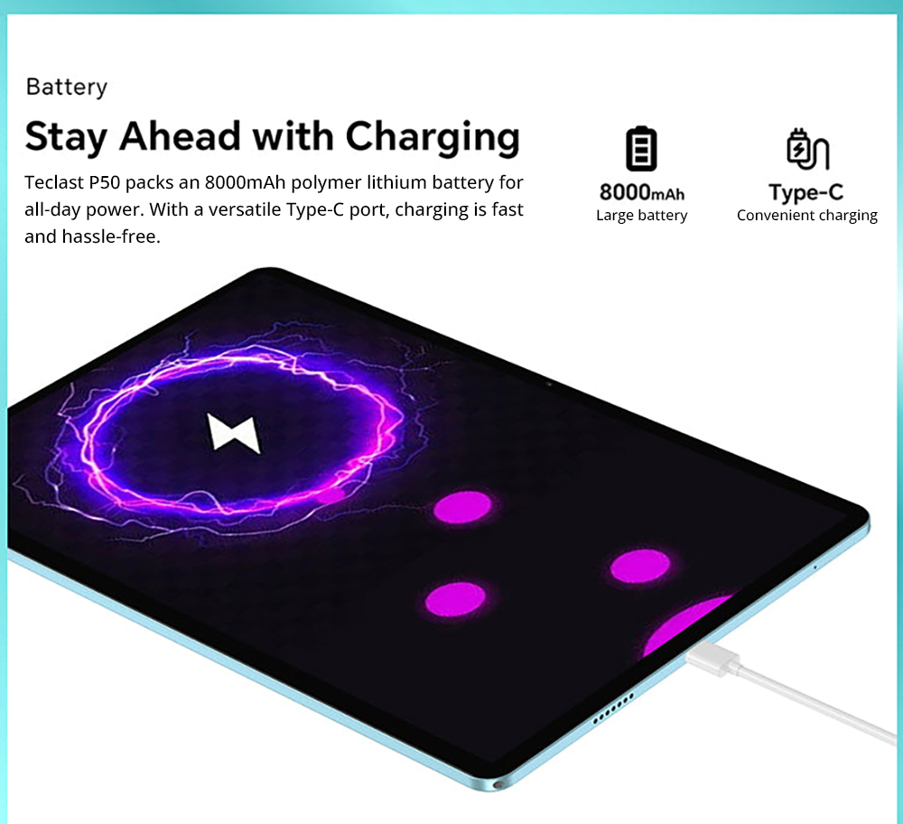 Teclast P50 11inch Tablet, Android 15, 6GB RAM 128GB ROM, 13MP+5MP Camera, 1280x800 Resolution, Octa-Core, 8000mAh Battery, Type-C/GMS/WiFi/Bluetooth/3.5mm Jack