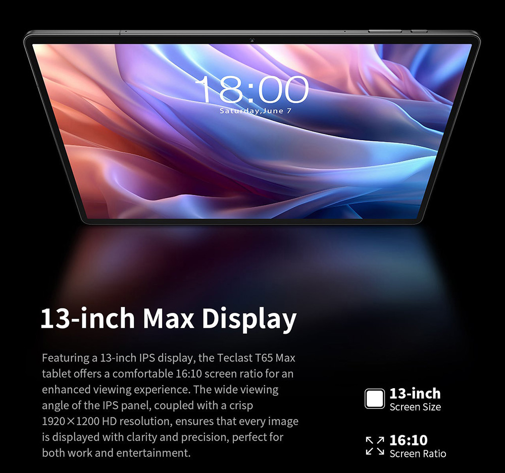 Refurbished Teclast T65 Max Android 14 Tablet, 13-inch 1920*1200 IPS Screen, Helio G99 8 Core Max 2.2GHz, 8GB+12GB Expansion RAM 256GB ROM, 2.4/5GHz WiFi Bluetooth 5.0, 10000mAh Battery, 18W Fast Charging, GPS/Galileo/GLONASS/BDS, Face Unlock