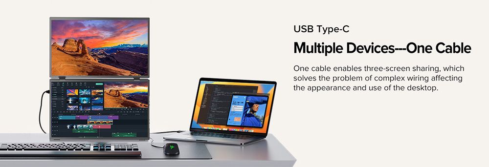 UPERFECT Delta 15.6-inch Dual Screen Portable Folding Monitor, 1920*1080 FHD IPS Screen, 60Hz Refresh Rate, 1000:1 Contrast Ratio, 360° Folding, Built-in Speaker, Built-in Stand & VESA Mountable, 2*Full-Featured Type-C, 2* mini HDMI - US Plug