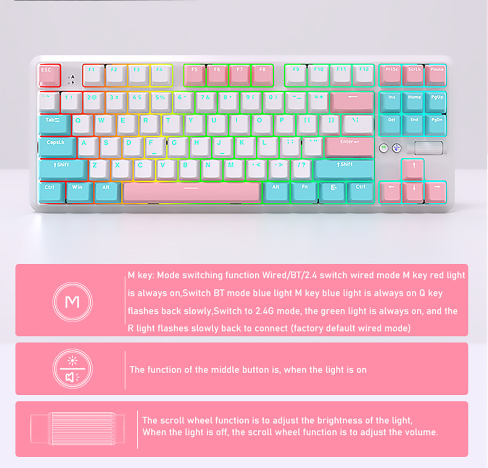 Refurbished Ajazz K870T Pro Hot Swappable Switch 87 Keys Wireless Triple Modes Mechanical Keyboard RGB Backlit -Sunrise