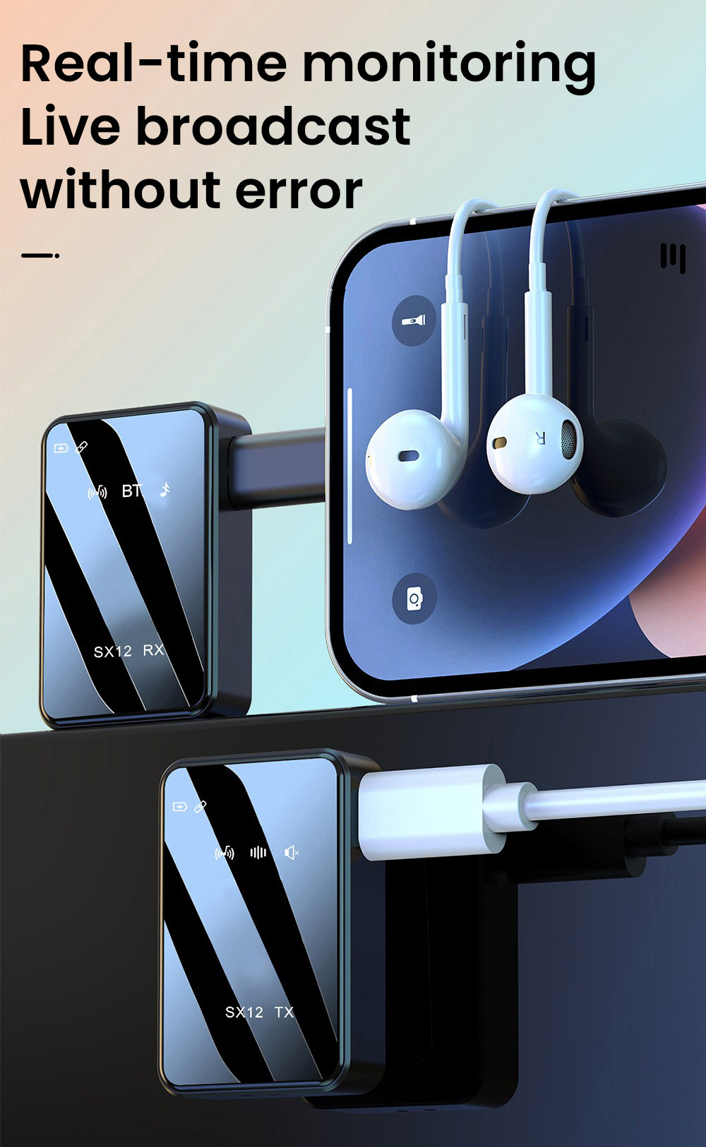 SENXIN SX12 Wireless Lavalier Microphone with Charging Case, Intelligent Noise Reduction, Reverb Effect, Real-time Monitoring, LED Display, 50m Transmission