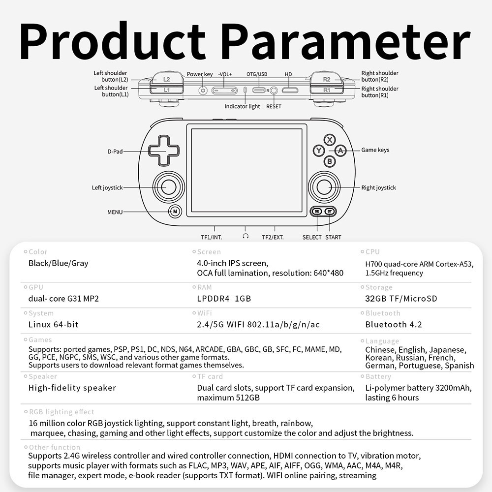 ANBERNIC RG40XX H Retro Game Console with RGB Light, 32GB+256GB TF Card with 16000+ Games, LPDDR4 1GB, 640*480P IPS Screen, 3200mAh Battery for 6 Hours Autonomy, Linux OS, 5G Wifi Bluetooth, Moonlight Streaming - Black