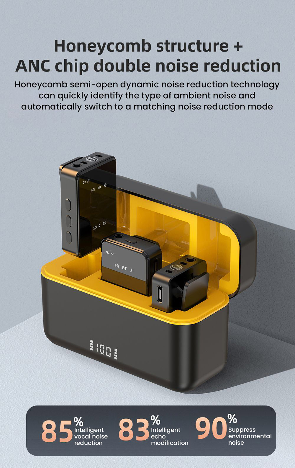 SENXIN SX12 Wireless Lavalier Microphone with Charging Case, Intelligent Noise Reduction, Reverb Effect, Real-time Monitoring, LED Display, 50m Transmission