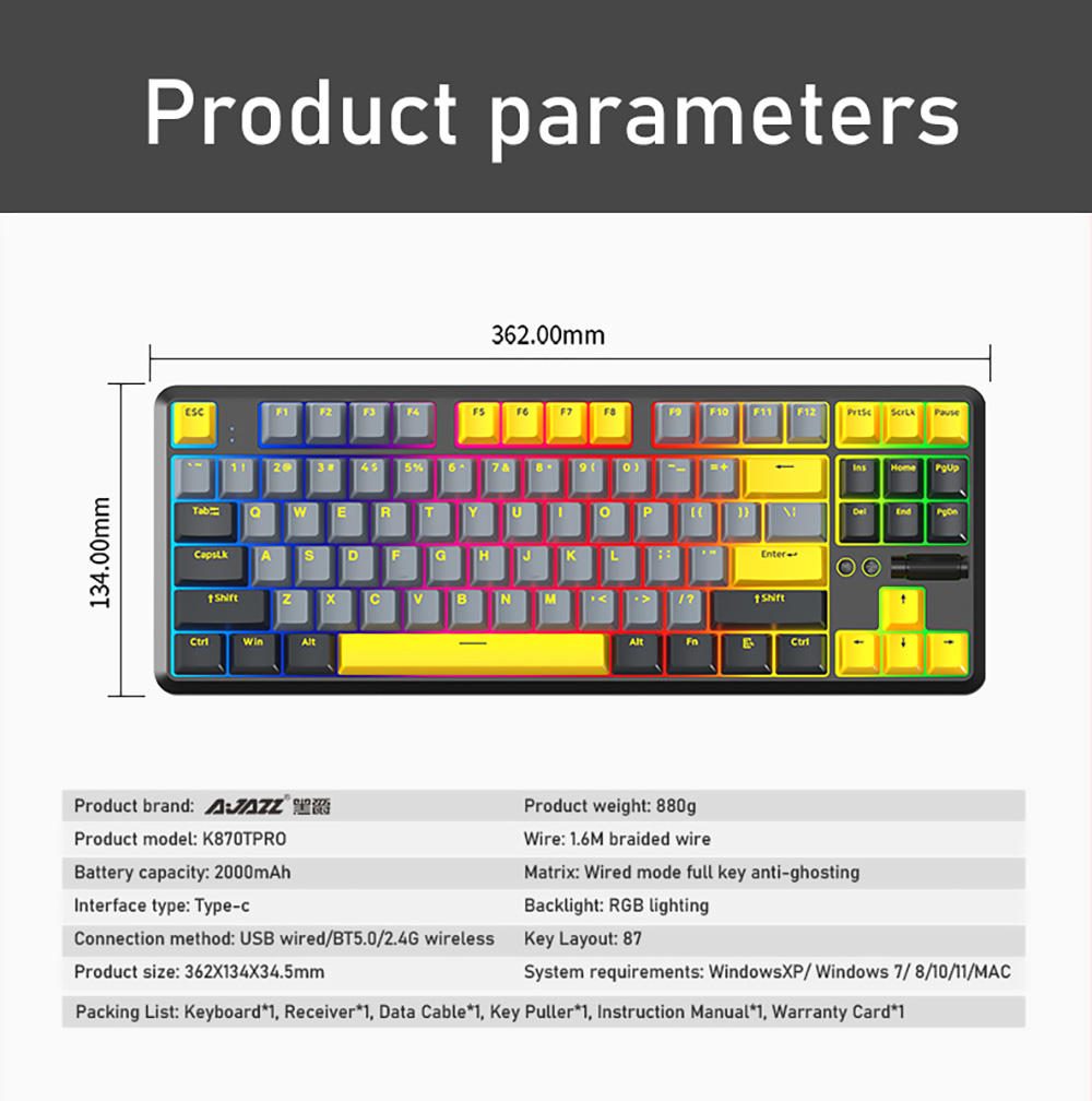 Refurbished Ajazz K870T Pro Hot Swappable Switch 87 Keys Wireless Triple Modes Mechanical Keyboard RGB Backlit -Sunrise