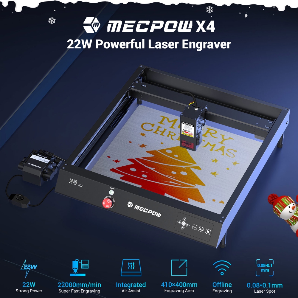 Mecpow X4 22W Laser Engraver Cutter, with Integrated Air Assist, 0.08x0.1mm Laser Spot, 22000mm/min Engraving Speed, 410*400mm