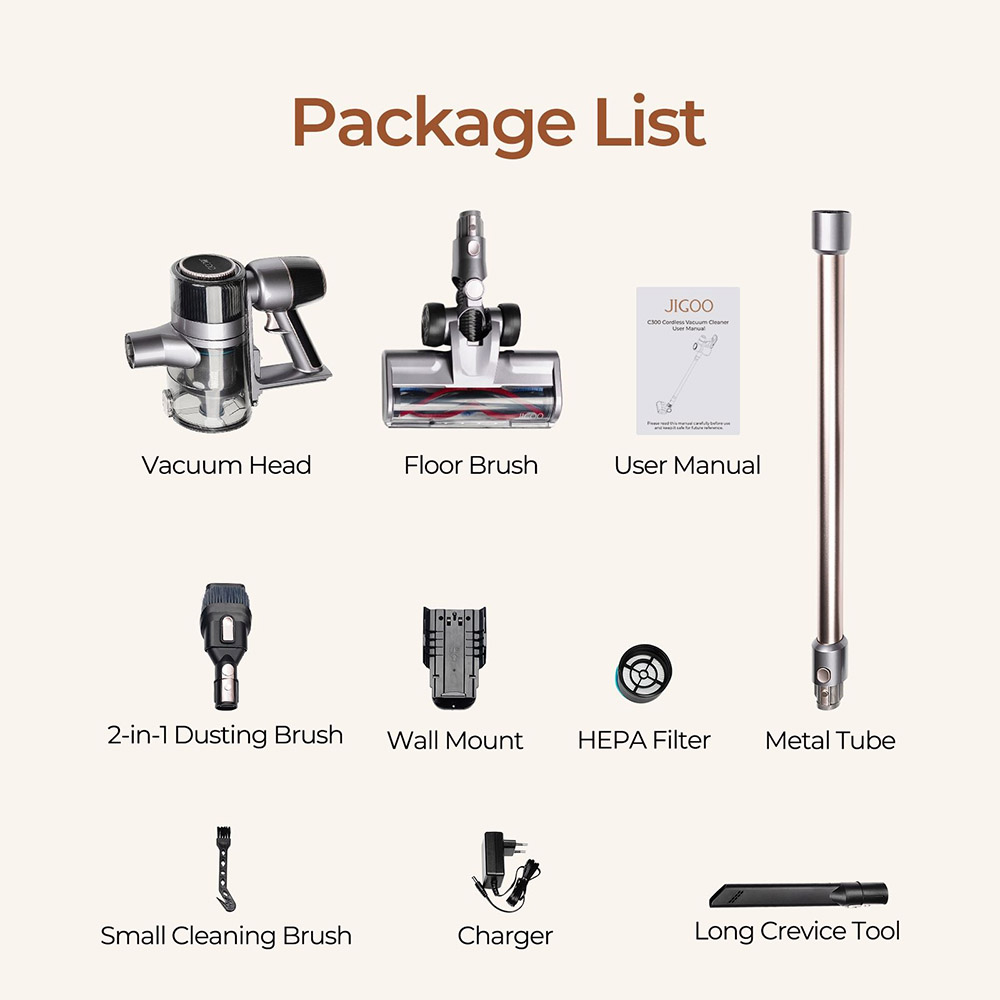 JIGOO C300 Cordless Vacuum Cleaner, 30KPa Suction, 400W Motor, 1.2L Dust Cup, 5-Stage Filtration, Up to 45 Mins Runtime, 7x2000mAh Removable Batteries, LED Touch Screen - Gold