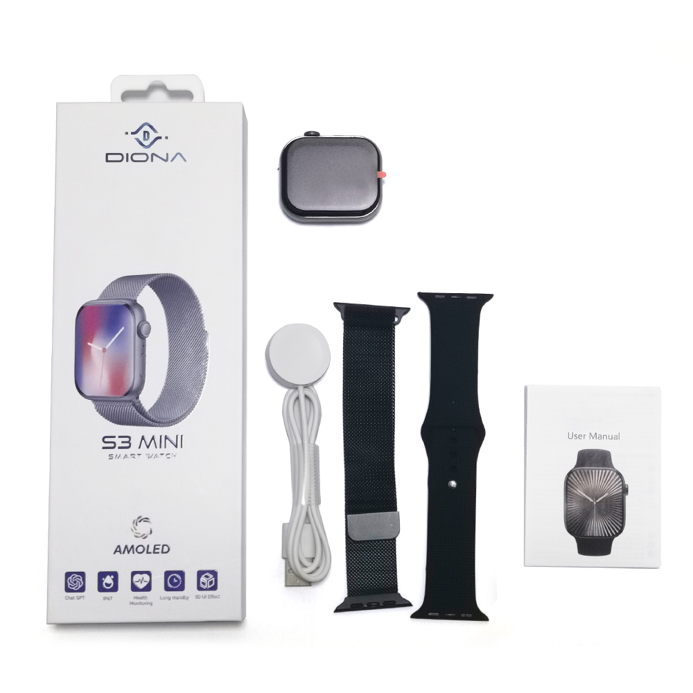 DIONA S3 Mini Smartwatch, 2.1-inch AMOLED Screen, 50+ Sports Modes, Health Monitoring, Bluetooth Calling, Voice Assistant - Black Frame