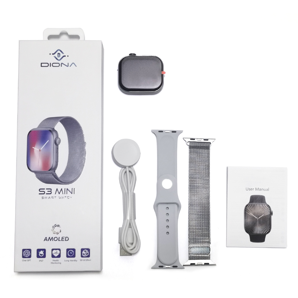 DIONA S3 Mini Smartwatch, 2.1-inch AMOLED Screen, 50+ Sports Modes, Health Monitoring, Bluetooth Calling, Voice Assistant - Silver Frame