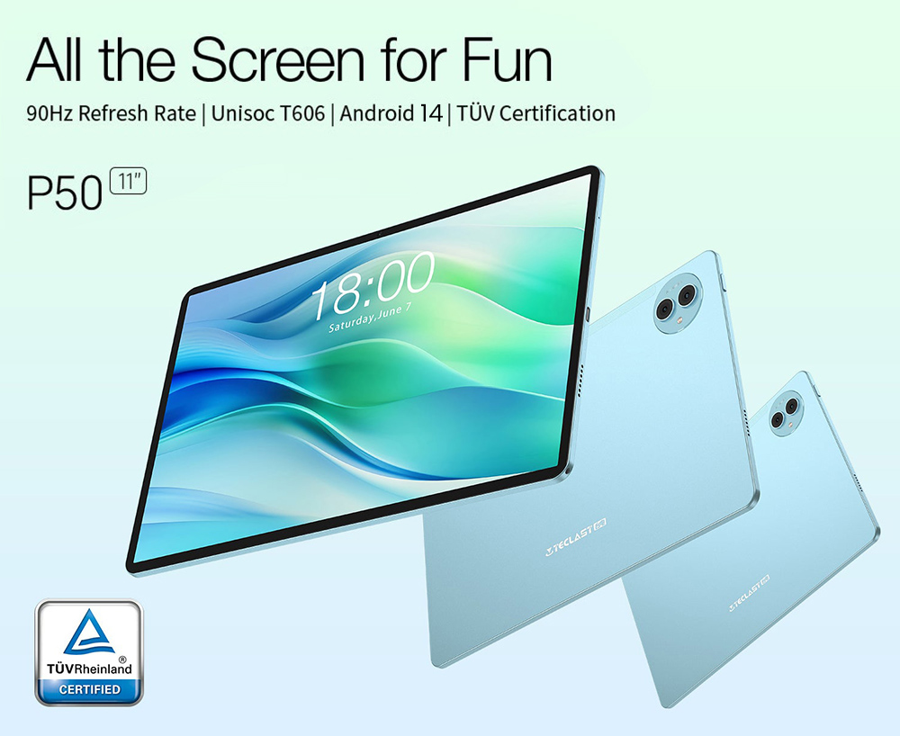 Teclast P50 Tablet 11 Zoll, Android 14, 6 GB RAM 128 GB ROM, 13 MP+5 MP Kamera, 1280 x 800 Auflösung, Octa-Core, 8000 mAh Akku, Typ-C/GMS/WiFi/Bluetooth/3,5 mm Buchse